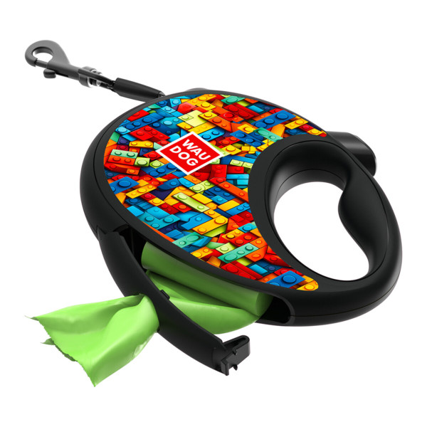 WauDog (ВауДог) Re-Leash "Блоки" - Поводок-рулетка для собак черная со светоотражающей лентой и отсеком для пакетов (В 12 кг, Дл 3 м) размер S