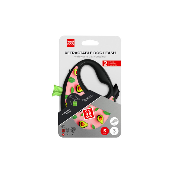 WauDog (ВауДог) Re-Leash "Авокадо на рожевому" - Повідець-рулетка для собак чорна зі світловідбивною стрічкою та відсіком для пакетів (В 12 кг, Дов 3 м) розмір S