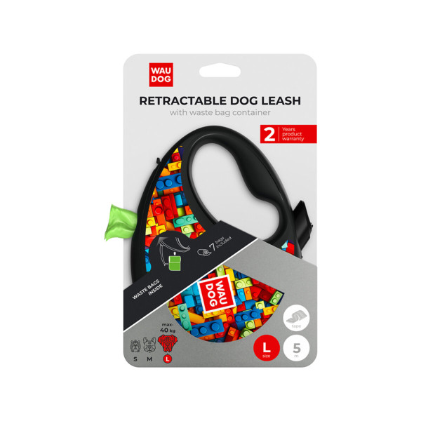 WauDog (ВауДог) Re-Leash "Блоки" - Повідець-рулетка для собак чорна зі світловідбивною стрічкою та відсіком для пакетів (В 40 кг, Дов 5 м) розмір L