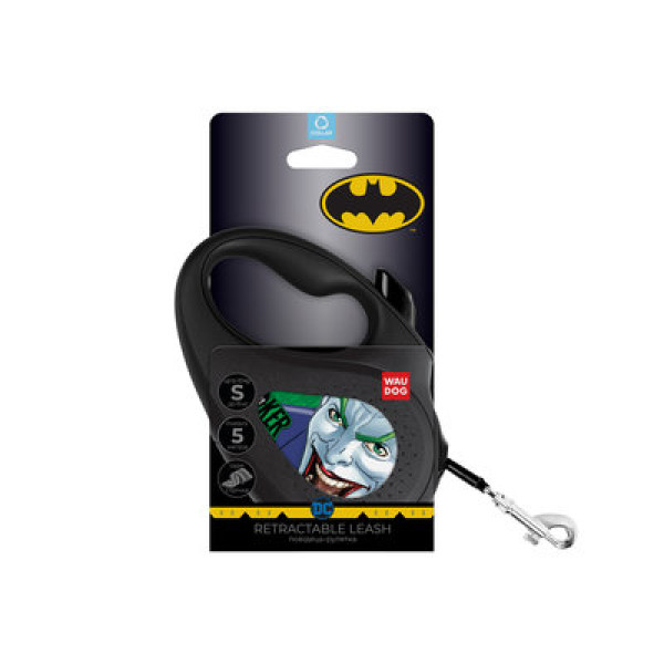 WauDog (ВауДог) Re-Leash "Джокер Зелений" - Повідець-рулетка для собак чорна зі світловідбивною стрічкою (В 15 кг, Дов 5 м) розмір S