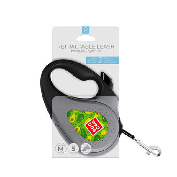 WauDog (ВауДог) Re-Leash "Авокадо" - Повідець-рулетка для собак чорна зі світловідбивною стрічкою (В 25 кг, Дов 5 м) розмір M