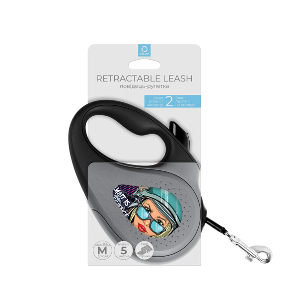 WauDog (ВауДог) Re-Leash "Ракетобудування" - Повідець-рулетка для собак чорна зі світловідбивною стрічкою (В 25 кг, Дов 5 м) розмір M