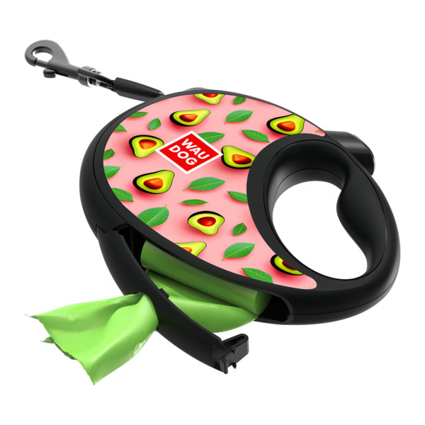WauDog (ВауДог) Re-Leash "Авокадо на рожевому" - Повідець-рулетка для собак чорна зі світловідбивною стрічкою та відсіком для пакетів (В 20 кг, Дов 5 м) розмір M