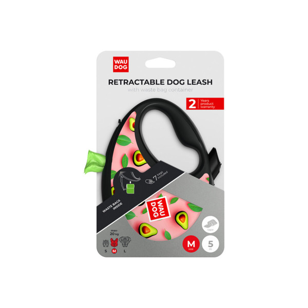 WauDog (ВауДог) Re-Leash "Авокадо на рожевому" - Повідець-рулетка для собак чорна зі світловідбивною стрічкою та відсіком для пакетів (В 20 кг, Дов 5 м) розмір M