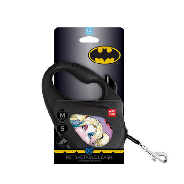 WauDog (ВауДог) Re-Leash "Харлі Квін" - Повідець-рулетка для собак чорна зі світловідбивною стрічкою (В 25 кг, Дов 5 м) розмір M