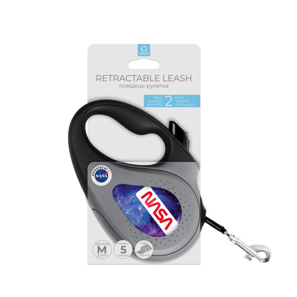WauDog (ВауДог) Re-Leash "NASA21" - Повідець-рулетка для собак чорна зі світловідбивною стрічкою (В 25 кг, Дов 5 м) розмір M