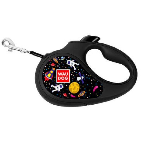 WauDog (ВауДог) Re-Leash "NASA" - Повідець-рулетка для собак чорна зі світловідбивною стрічкою (В 50 кг, Дов 5 м) розмір L