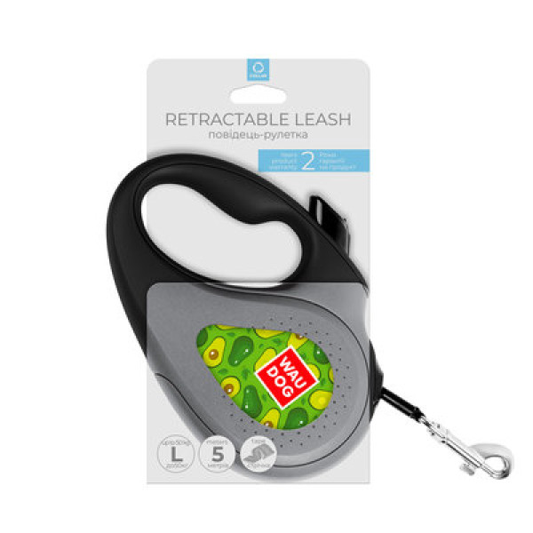 WauDog (ВауДог) Re-Leash "Авокадо" - Повідець-рулетка для собак чорна зі світловідбивною стрічкою (В 50 кг, Дов 5 м) розмір L