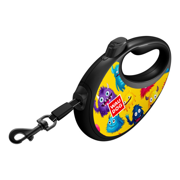 WauDog (ВауДог) Re-Leash "Мохнаті монстри" - Повідець-рулетка для собак чорна зі світловідбивною стрічкою та відсіком для пакетів (В 40 кг, Дов 5 м) розмір L