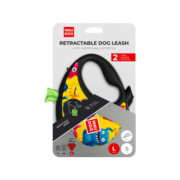 WauDog (ВауДог) Re-Leash "Мохнаті монстри" - Повідець-рулетка для собак чорна зі світловідбивною стрічкою та відсіком для пакетів (В 40 кг, Дов 5 м) розмір L