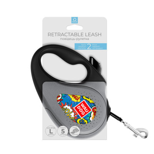 WauDog (ВауДог) Re-Leash "WOW" - Повідець-рулетка для собак чорна зі світловідбивною стрічкою (В 50 кг, Дов 5 м) розмір L
