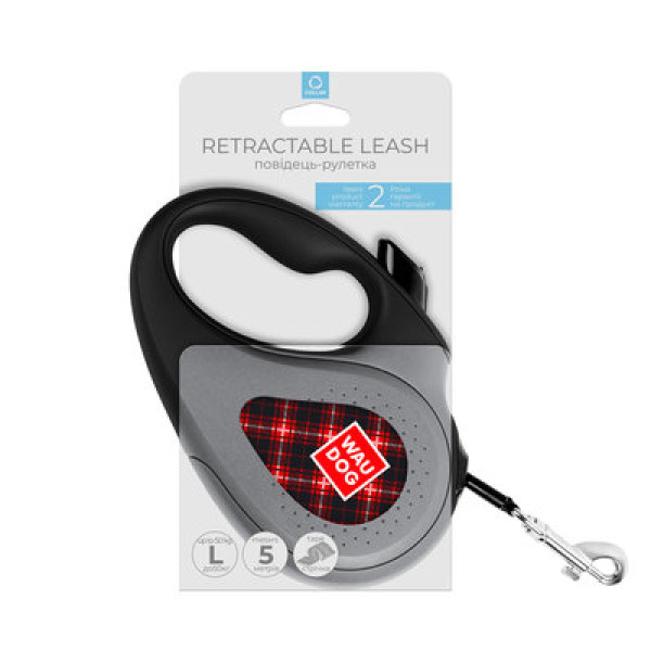 WauDog (ВауДог) Re-Leash "Шотландка" - Повідець-рулетка для собак чорна зі світловідбивною стрічкою (В 50 кг, Дов 5 м) розмір L