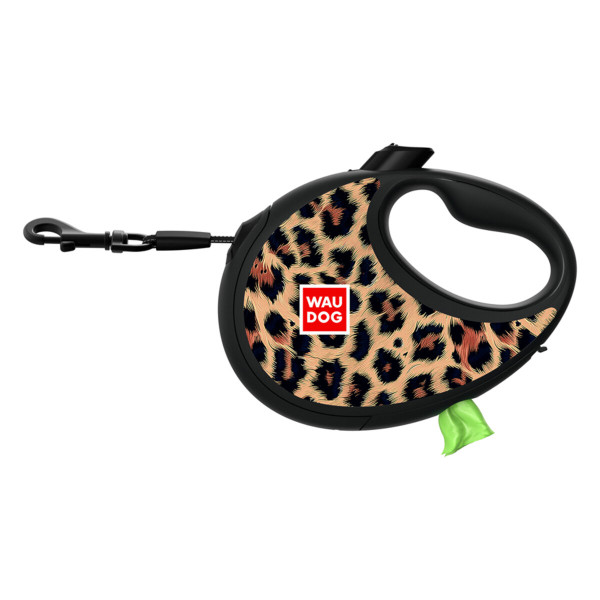 WauDog (ВауДог) Re-Leash "Леопард" - Повідець-рулетка для собак чорна зі світловідбивною стрічкою та відсіком для пакетів (В 40 кг, Дов 5 м) розмір M