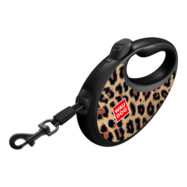 WauDog (ВауДог) Re-Leash "Леопард" - Повідець-рулетка для собак чорна зі світловідбивною стрічкою та відсіком для пакетів (В 40 кг, Дов 5 м) розмір M