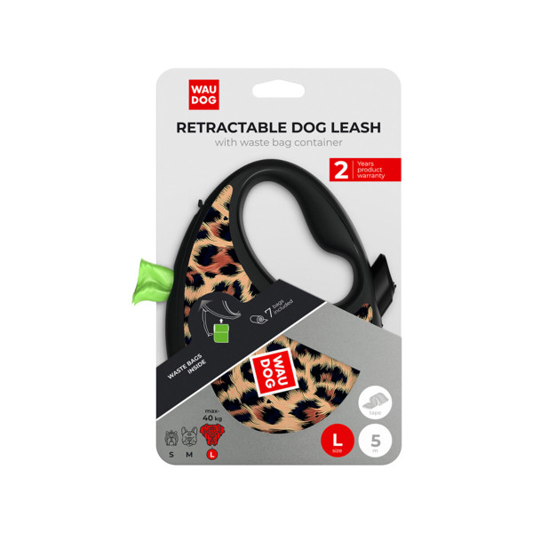 WauDog (ВауДог) Re-Leash "Леопард" - Повідець-рулетка для собак чорна зі світловідбивною стрічкою та відсіком для пакетів (В 40 кг, Дов 5 м) розмір M