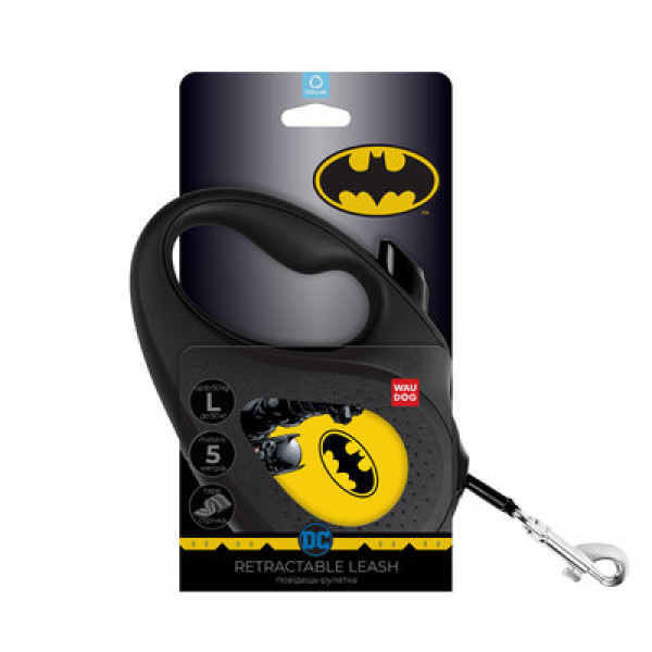 WauDog (ВауДог) Re-Leash "Бетмен Жовтий" - Повідець-рулетка для собак чорна зі світловідбивною стрічкою (В 50 кг, Дов 5 м) розмір L