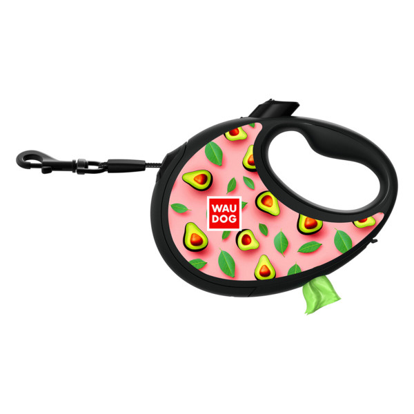 WauDog (ВауДог) Re-Leash "Авокадо на рожевому" - Повідець-рулетка для собак чорна зі світловідбивною стрічкою та відсіком для пакетів (В 40 кг, Дов 5 м) розмір L