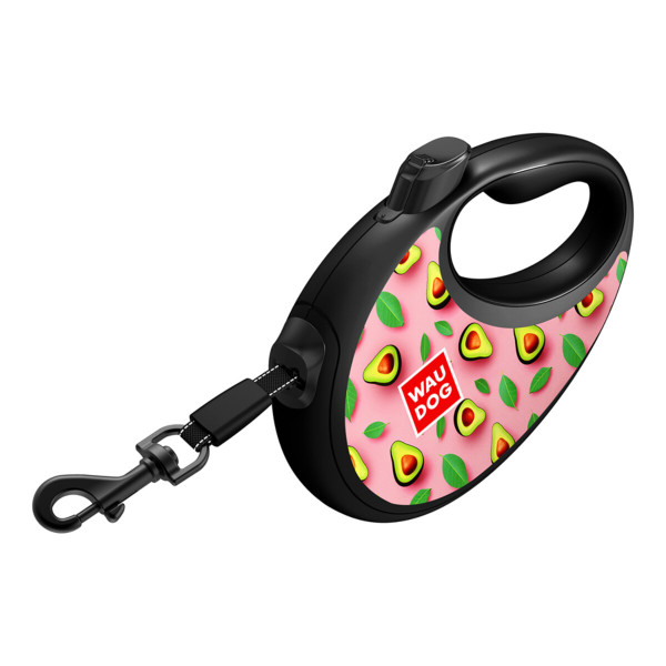 WauDog (ВауДог) Re-Leash "Авокадо на рожевому" - Повідець-рулетка для собак чорна зі світловідбивною стрічкою та відсіком для пакетів (В 40 кг, Дов 5 м) розмір L