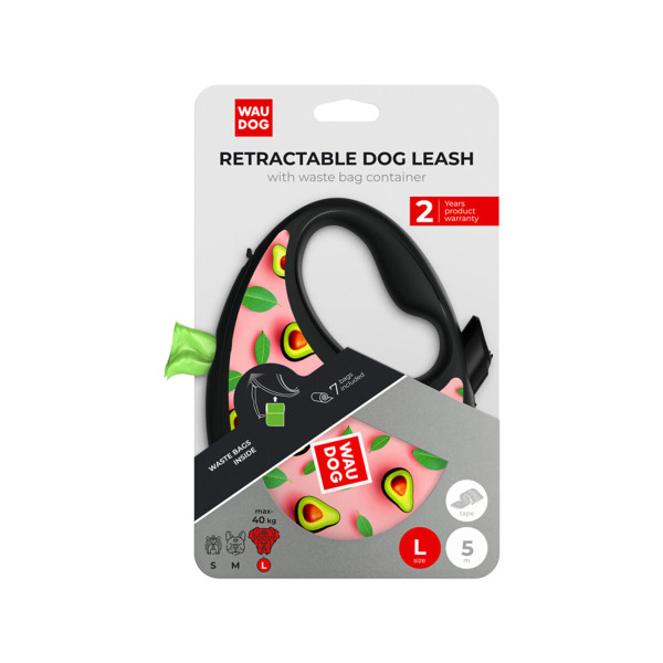 WauDog (ВауДог) Re-Leash "Авокадо на рожевому" - Повідець-рулетка для собак чорна зі світловідбивною стрічкою та відсіком для пакетів (В 40 кг, Дов 5 м) розмір L