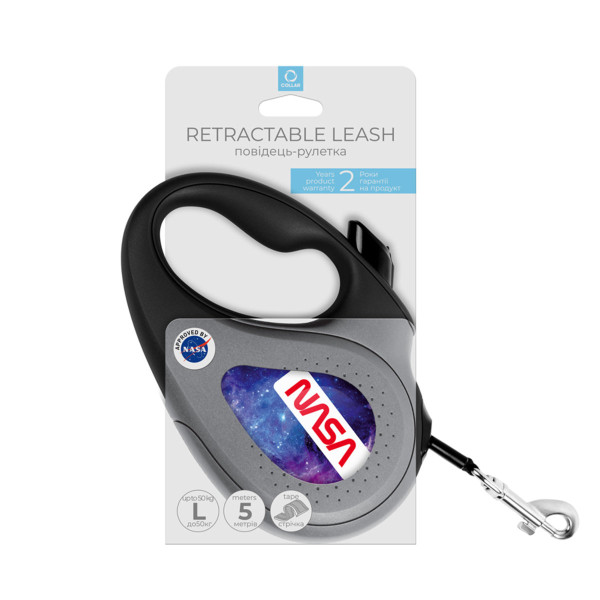 WauDog (ВауДог) Re-Leash "NASA21" - Повідець-рулетка для собак чорна зі світловідбивною стрічкою (В 50 кг, Дов 5 м) розмір L