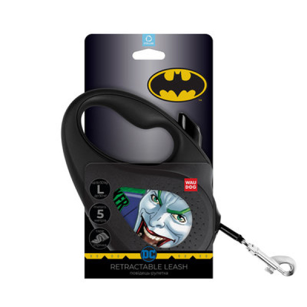 WauDog (ВауДог) Re-Leash "Джокер Зеленый" - Поводок-рулетка для собак черная со светоотражающей лентой (В 50 кг, Дл 5 м) размер L