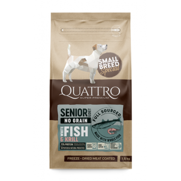 Quattro (Кватро) Dog Senior&Diet Small Breed With Fish - Сухой корм для собак малых пород старше 10 лет с рыбой и крилем 1.5 кг