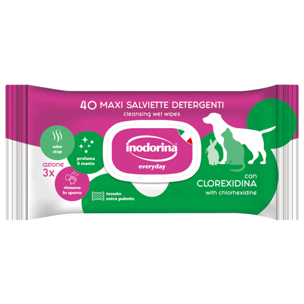 Inodorina (Инодорина) Everyday Clorexidina - Влажные салфетки для кошек собак и грызунов с хлоргексидином и морским ароматом 40 шт