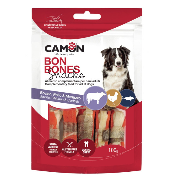 Camon (Камон) Dog Treats Mini Bones With Chicken, Beef & Cod Skin - Лакомство для собак курица говядина и кожа трески 1 шт.
