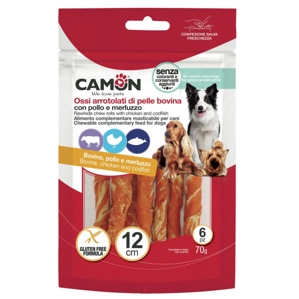 Camon (Камон) Dog Treats Sticks Wrapped With Chicken&Cod - Лакомство для собак палочки из говяжьей кожи обмотанные курицей и треской 70 г