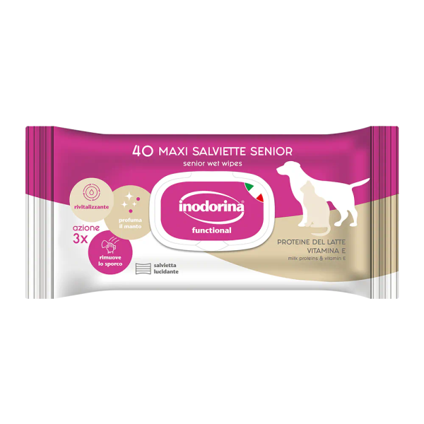 Inodorina (Инодорина) Functional Del Latte Vitamina E- Влажные салфетки для кошек и пожилых собак, с молочными протеинами и витамином E 40 шт
