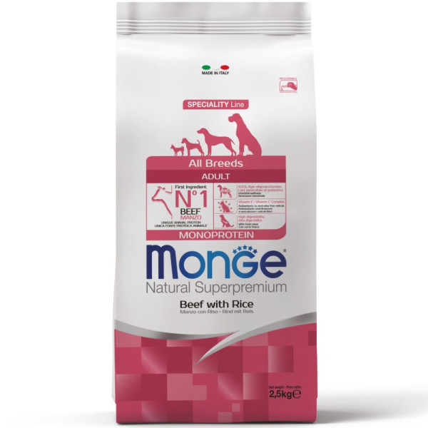 Monge (Монж) Dog Beef & Rice Monoprotein Adult All Breeds - Сухий монопротеїновий корм для дорослих собак усіх порід з м’ясом яловичини та рисом 2.5 кг