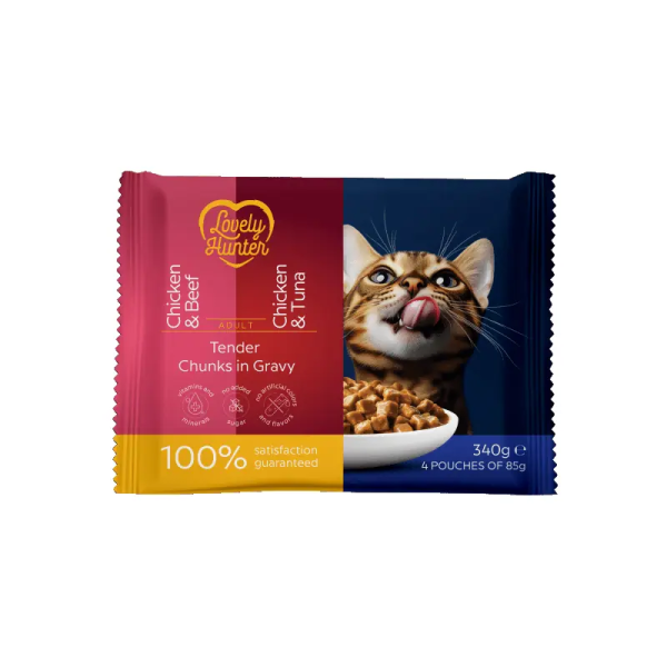 Lovely Hunter (Лавли Хантер) Cat Adult Set Pouches Chicken & Beef And Chicken & Tuna - Набор влажных кормов для взрослых котов с мясом курицы, говядины и тунца 340 г
