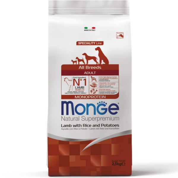 Monge (Монж) Dog Lamb, Rice & Potatoes Monoprotein Adult All Breeds - Сухий монопротеїновий корм для дорослих собак усіх порід з м’ясом ягняти, рисом та картоплею 2.5 кг