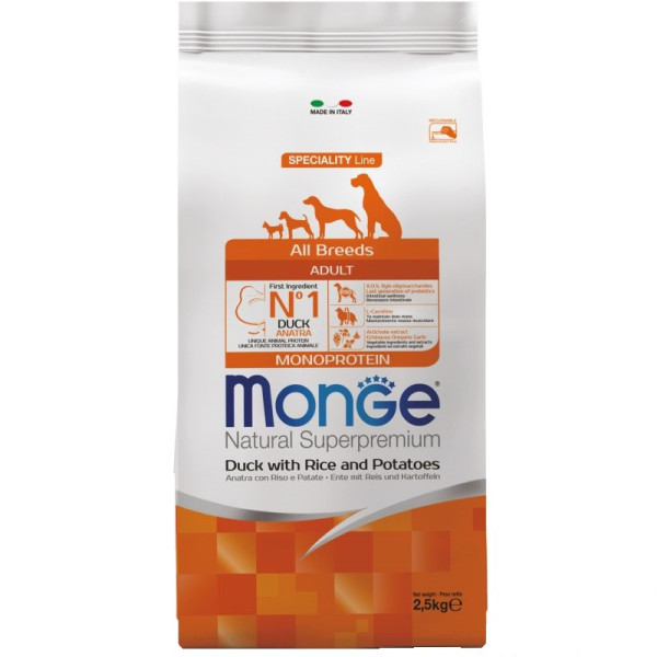 Monge (Монж) Dog Duck, Rice & Potatoes Monoprotein Puppy & Junior All Breeds - Сухий монопротеїновий корм для дорослих собак усіх порід з м’ясом качки, рисом та картоплею 2.5 кг