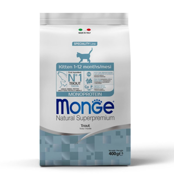 Monge (Монж) Cat Trout Monoprotein Kitten - Сухий монопротеїновий корм для кошенят, вагітних та годуючих котів з м’ясом форелі 400 г
