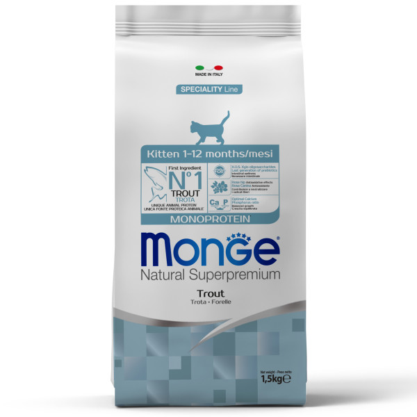Monge (Монж) Cat Trout Monoprotein Kitten - Сухий монопротеїновий корм для кошенят, вагітних та годуючих котів з м’ясом форелі 1.5 кг