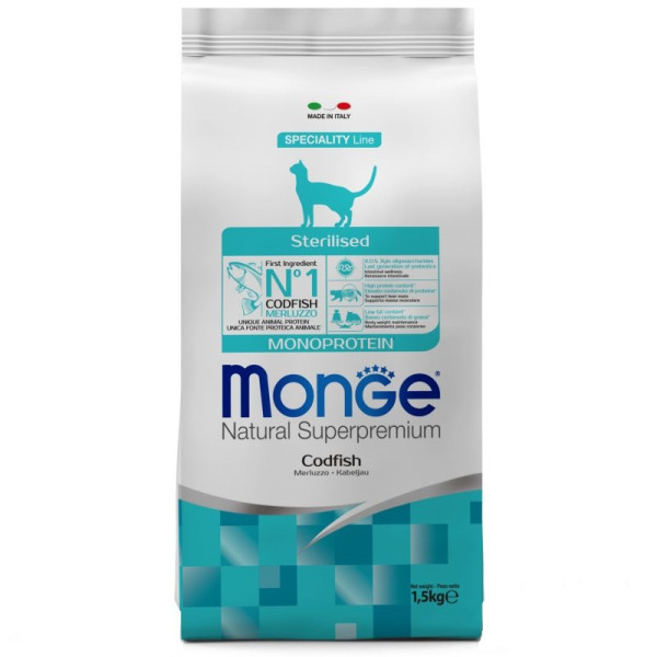 Monge (Монж) Cat Codfish Monoprotein Sterilised Adult - Сухой монопротеиновый корм для взрослых стерилизованных котов с мясом трески 1.5 кг