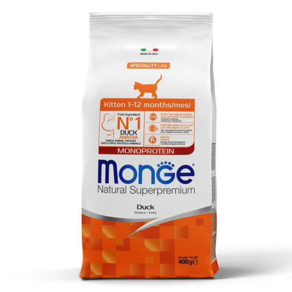 Monge (Монж) Cat Duck Monoprotein Kitten - Сухой монопротеиновый корм для котят, беременных и кормящих кошек с мясом утки 400 г