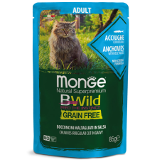 Monge (Монж) Bwild Cat Grain Free Anchovy Gravy Adult - Влажный беззерновой корм для взрослых котов кусочки в соусе с анчоусами 85 г
