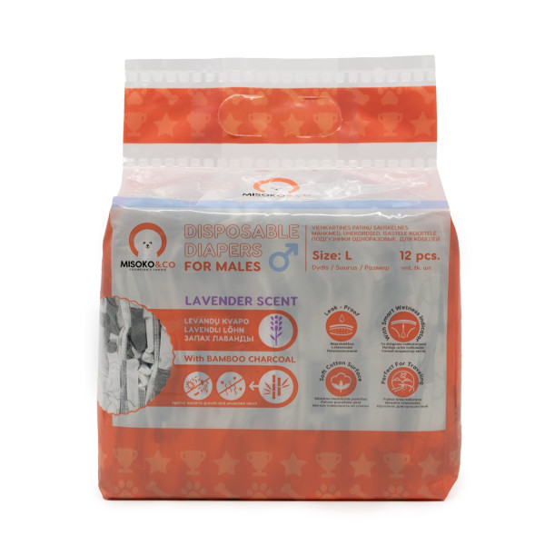 Misoko&Co (Мисоко&Ко) Disposable Diapers For Male Dogs With Charcoal Moisture Indicator Lavender Scent - Одноразовые подгузники для кобелей больших пород с углем, индикатором влажности и ароматом лаванды L 12 шт.