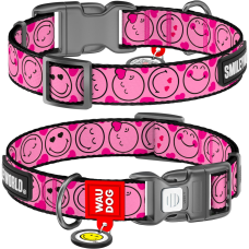 WAUDOG (ВАУДОГ) Nylon нашийник для собак нейлоновий з QR-паспортом малюнок "Смайли на рожевому" пластиковий фастекс S 25-35 см