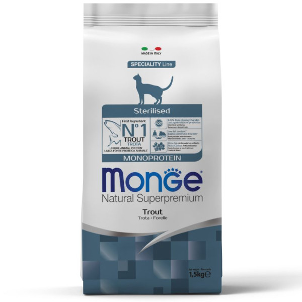 Monge (Монж) Cat Trout Monoprotein Sterilised Adult - Сухой монопротеиновый корм для взрослых стерилизованных котов с мясом форели 1.5 кг