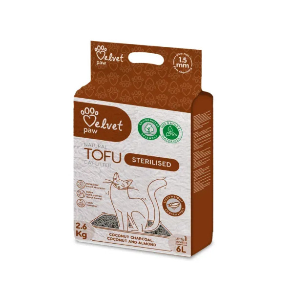Velvet Paw Tofu (Велвет Пав Тофу) - Наполнитель для кошачьего туалета для стерилизованных кошек, с кокосовым углем, миндальной и кокосовой эссенцией 6 л