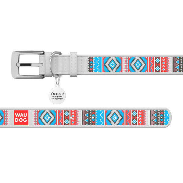 WauDog (ВауДог) Design рисунок "Этно" - Ошейник для собак кожаный белый (Ш 15 мм, Длин 26-35 см) S