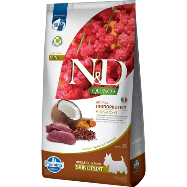 Farmina (Фармина) Dog N&D Quinoa Grain Free Skin & Coat Venison & Coconut Adult Mini - Сухой беззерновой корм для взрослых собак мелких пород с олениной и кокосом 7 кг