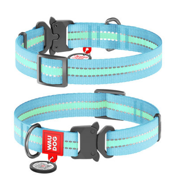 Ошейник светонакопительный, метал. пряжка-фастекс, Ш 25 мм, Дл 35-58 см, голубой, XL, WAUDOG Nylon c QR