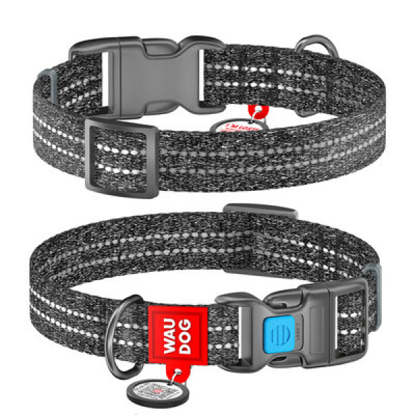Нашийник світловідбивний, пласт. фастекс, Ш 15 мм, Дл 23-35 см, Сірий, S, WAUDOG Re-cotton с QR