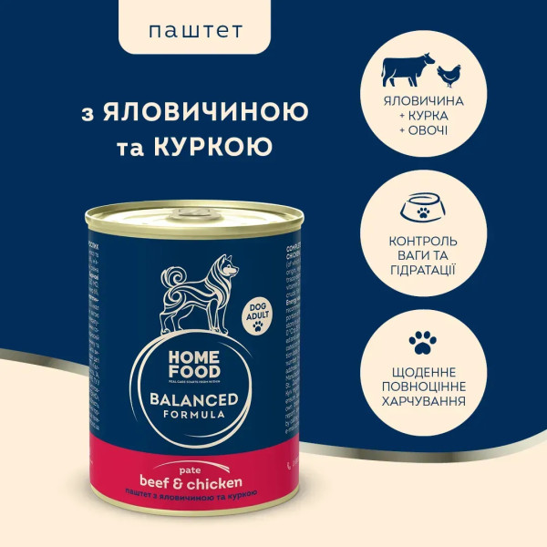Home Food (Хоум Фуд) Dog Beef & Chicken Adult - Влажный корм для взрослых собак всех пород паштет с мясом говядины и курицы 360 г Home Food (Хоум Фуд) Dog Beef & Chicken Adult - Влажный корм для взрослых собак всех пород паштет с мясом говядины и курицы 360 г