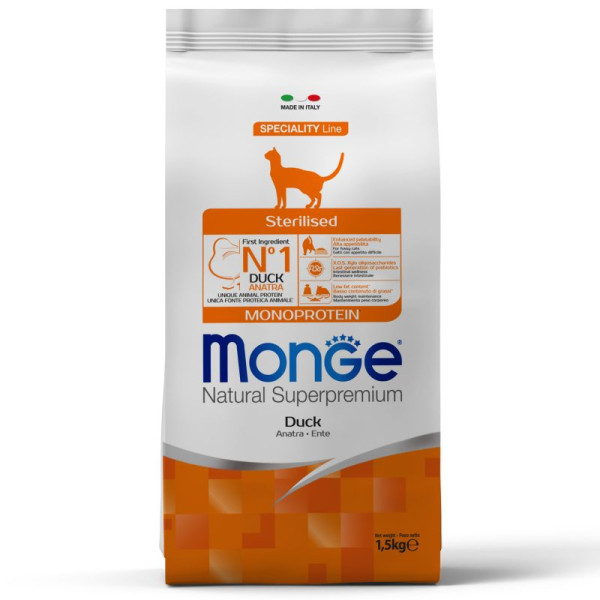 Monge (Монж) Cat Duck Monoprotein Sterilised Adult - Сухой монопротеиновый корм для взрослых стерилизованных котов с мясом утки 1.5 кг