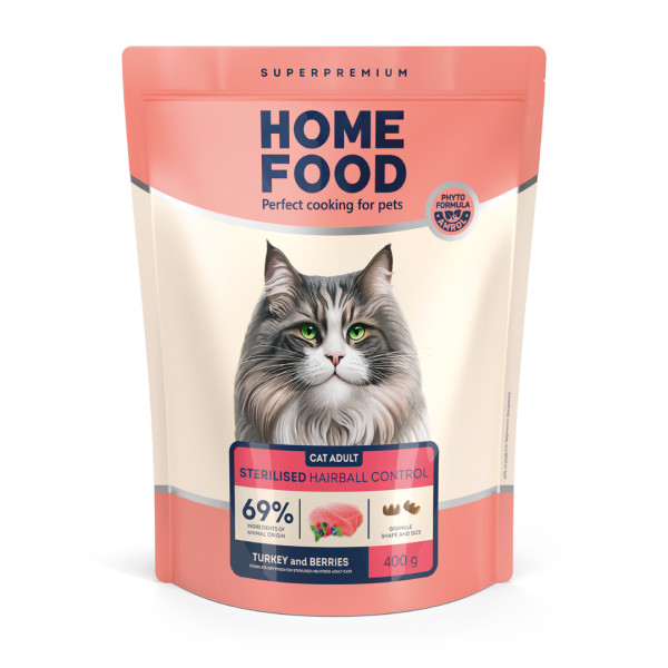 Home Food (Хоум Фуд) Cat Adult for Sterilised Hairball Control Turkey&Berries - Сухой корм для стерилизованных котов с выводом шерсти индейка и ягоды 400 г